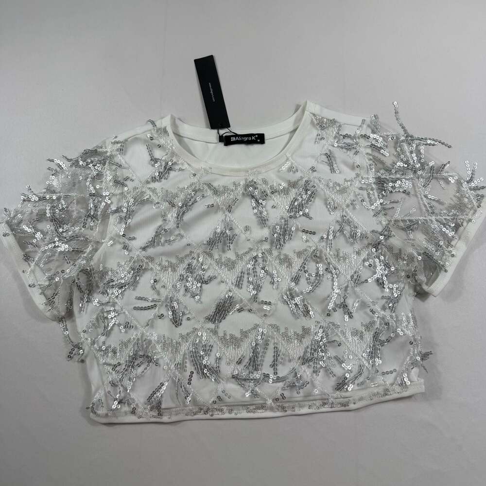 Allegra K Women's Sequin Embellished Mesh Overlay Short Sleeve Crop Top